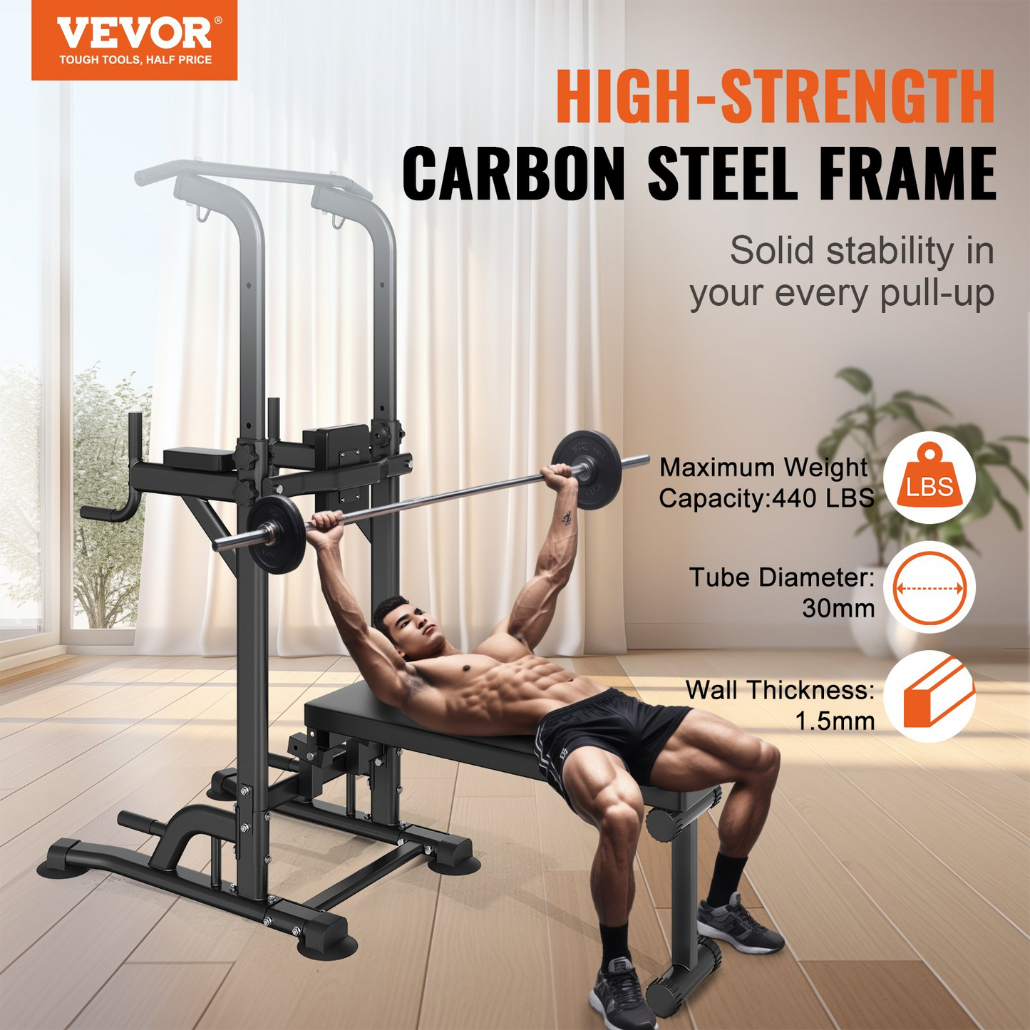 VEVOR Power Tower with Bench, 10-Level Height Adjustable Pull Up Bar Stand Dip Station & Detachable Bench, Multi-Function Home Gym Strength Training Fitness Equipment with Backrest, Elbow Pads, 440LBS